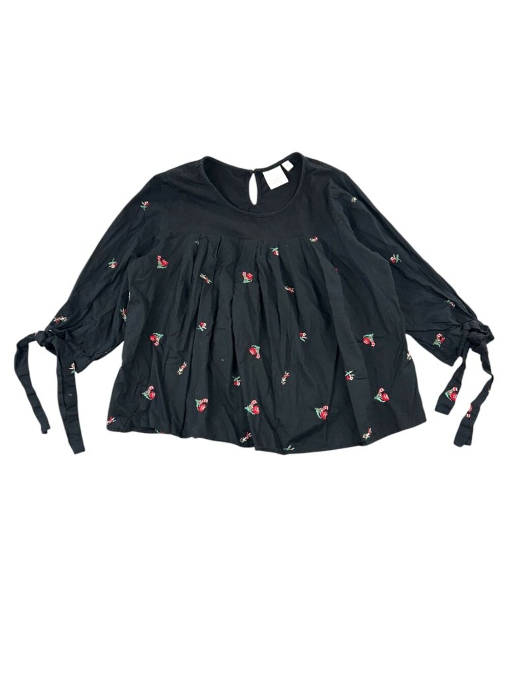 LC Lauren Conrad Black Floral Embroidered Peasant Top Boho Blouse
